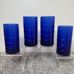 Anchor Hocking Tartan Cobalt Blue Tea/ Water Glasses 6"- Heavy Duty/set of 4